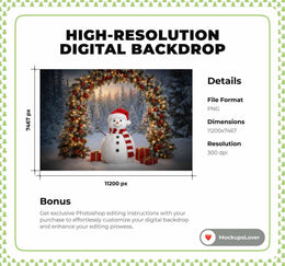 Christmas Snowman Digital Backdrop, Fantasy Forest Arch Photo Background, Holiday Kids Prop, Winter Wonderland, Photoshop & Canva Template