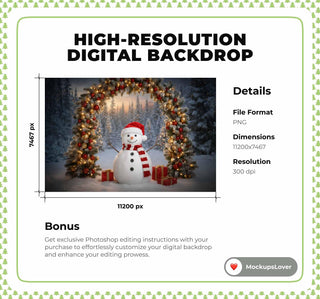 Christmas Snowman Digital Backdrop, Fantasy Forest Arch Photo Background, Holiday Kids Prop, Winter Wonderland, Photoshop & Canva Template