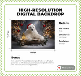 Polar Bear Digital Backdrop, Christmas Animals Photo Background, Fantasy Forest, Holiday Kids Prop, Winter Wonderland, Photoshop Template
