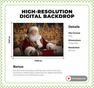 Christmas Village With Santa Claus Digital Backdrop, Santa Sleigh Photo Background, Holiday Kids Portrait Prop, Photoshop & Canva Template
