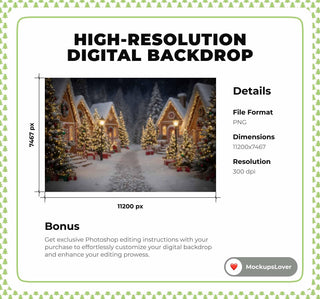 Christmas Village Digital Backdrop, Winter Wonderland Photo Background, Night Sky, Holiday Kid Prop, Photoshop/Canva Template, Photo Editing