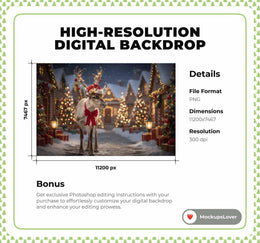 Christmas Reindeer Digital Backdrop, Christmas Village Photo Background, Winter Wonderland, Holiday Kids Prop, Photoshop & Canva Template