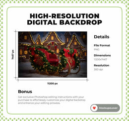 Christmas Village Digital Backdrop, Santa Sleigh Photo Background, Winter Wonderland, Holiday Kids Prop, Photoshop & Canva Template