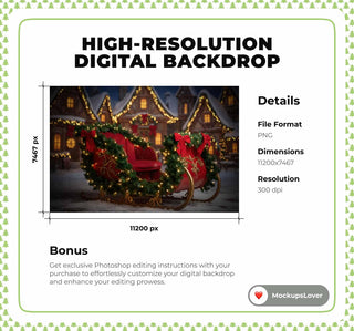 Christmas Village Digital Backdrop, Santa Sleigh Photo Background, Winter Wonderland, Holiday Kids Prop, Photoshop & Canva Template