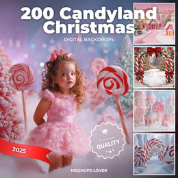 candyland christmas digital backdrop with candy canes and winter scene, suitable for holiday photos