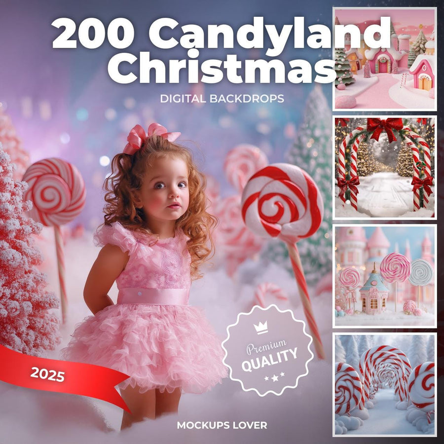 candyland christmas digital backdrop with candy canes and winter scene, suitable for holiday photos