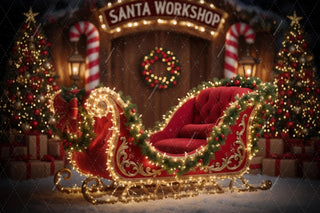 Christmas Digital Backdrop, Santa Sleigh Photo Background, Holiday Kids Prop, North Pole, Winter Wonderland, Photoshop & Canva Template