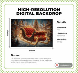 Christmas Digital Backdrop, Santa Sleigh Photo Background, Christmas Village, Holiday Kids Prop, Winter Wonderland, Photoshop/Canva Template