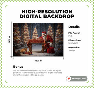 Christmas Digital Backdrop, Winter Fantasy Forest Photo Background, Santa Claus, Woodland Animals, Holiday Kids Prop, Photoshop Template