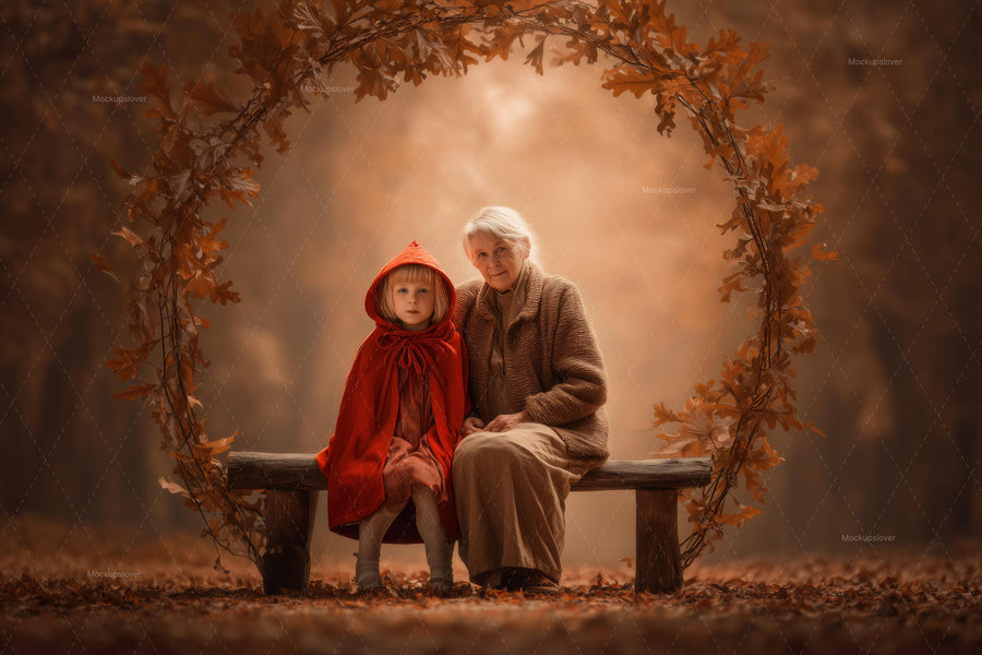 wooden bench amid autumn leaves in a forest arch backdrop for photo editing using photoshop or canva template