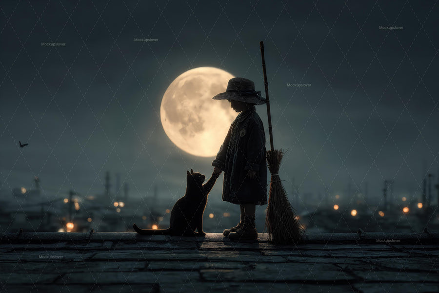 halloween scene with black cat, harvest moon, witch broom, perfect for kids' horror photos
