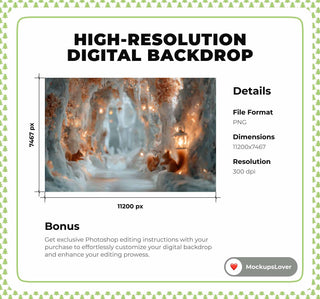 Winter Digital Backdrop, Squirrels Photo Background, Christmas Holiday Kids Prop, Lanterns, Photoshop & Canva Template, Photo Editing