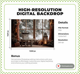 Christmas Window Digital Backdrop, Wooden Cabin Photo Background, Holiday Kids Prop, Winter Wonderland, Photoshop & Canva Template