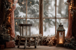 Christmas Window Digital Backdrop, Wooden Cabin Photo Background, Holiday Kids Prop, Winter Wonderland, Photoshop & Canva Template