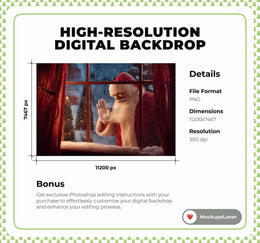 Christmas Window Digital Backdrop, Santa Claus Photo Background, Holiday Kids Portrait Prop, Winter Wonderland, Photoshop & Canva Template