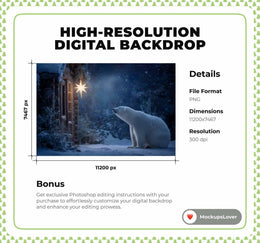 Christmas Digital Backdrop, Polar Bear, North Pole, Winter Wonderland Photo Background, Holiday Kids Prop, Photoshop & Canva Template