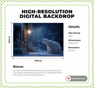 Christmas Digital Backdrop, Polar Bear, North Pole, Winter Wonderland Photo Background, Holiday Kids Prop, Photoshop & Canva Template