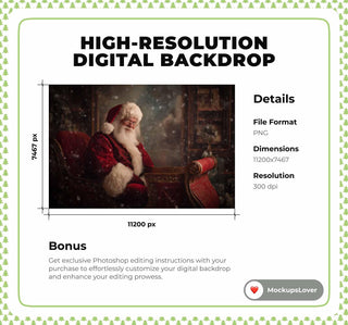 Santa Claus Christmas Digital Backdrop, Santa Sleigh Photo Background, Holiday Studio Kids Prop, Photoshop & Canva Template, Photo Editing