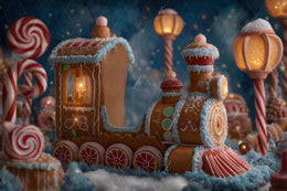 Christmas Gingerbread Train Digital Backdrop, Winter Wonderland Photo Background, Holiday Kids Candyland Props, Photoshop & Canva Template