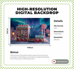 Christmas Gingerbread Train Digital Backdrop, North Pole, Winter Wonderland Photo Background, Holiday Kids Candyland Prop, Canva Template