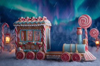 Christmas Gingerbread Train Digital Backdrop, North Pole, Winter Wonderland Photo Background, Holiday Kids Candyland Prop, Canva Template