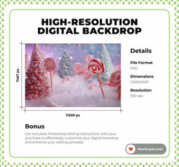 Candy Cane Digital Backdrop, Pink Christmas Candyland Photo Background, Holiday Kids Prop, Winter Wonderland, Photoshop & Canva Template