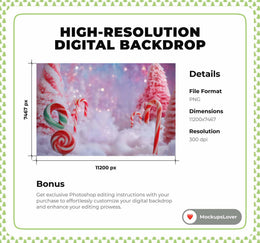 Candy Cane Christmas Digital Backdrop, Candyland Props, Pink Studio Photo Background, Holiday Kids Prop, Photoshop & Canva Template
