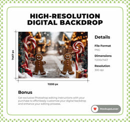 Christmas Cookies Digital Backdrop, Candyland Kids Prop, Holiday Photo Background, Photoshop & Canva Template, Photo Editing