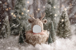 Christmas Reindeer Newborn Face Swap Overlay, Winter Wonderland Digital Backdrop, Woodland Baby, Holiday Photo Background, Canva Template