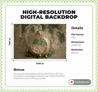 Christmas Ornament Newborn Digital Backdrop, Green Studio Photo Background, Holiday Baby Prop, Photoshop & Canva Template, Photo Editing