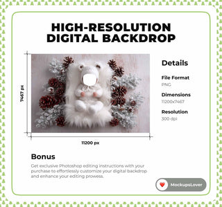 Christmas Newborn Teddy Bear Digital Backdrop, Face Swap Overlay, Studio Photo Background, Holiday Baby Prop, Photoshop & Canva Template