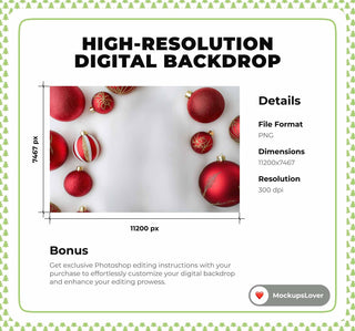 Red Christmas Balls Digital Backdrop, Studio Photo Background, Holiday Kids Portrait Prop, Photoshop & Canva Template, Photo Editing