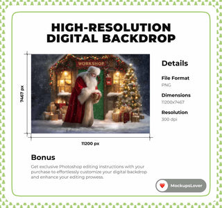Santa Claus Digital Backdrop, Christmas Photo Background, Holiday Kids Prop, Winter Wonderland, Photoshop & Canva Template, Photo Editing