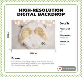 Christmas Angel Newborn Digital Backdrop, Golden Angel Wings Photo Background, Holiday Studio Baby Prop, Photoshop & Canva Template