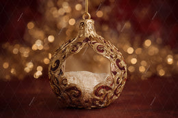 Red Christmas Ornament Newborn Digital Backdrop, Golden Studio Photo Background, Holiday Baby Prop, Photoshop & Canva Template