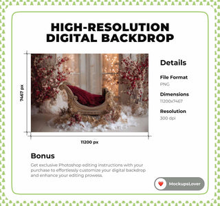 Golden Santa Sleigh Newborn Digital Backdrop, Christmas Photo Background, Holiday Studio Baby Prop, Photoshop & Canva Template