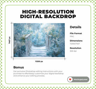 Frozen Floral Bridge Digital Backdrop, Winter Wonderland, Christmas Photo Background, Holiday Kids Prop, Photoshop & Canva Template