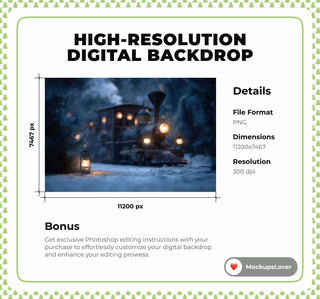 Christmas Train Digital Backdrop, Winter Wonderland Photo Background, Night Sky, Holiday Kids Prop, Photoshop/Canva Template, Photo Editing