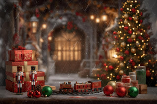 Christmas Elf Digital Backdrop, Santa's Workshop Photo Background, Train, Gifts, Holiday Kid Prop, Photoshop & Canva Template, Photo Editing