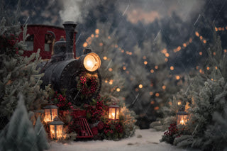 Christmas Train Digital Backdrop, Winter Wonderland Photo Background, Lanterns, Holiday Kids Prop, Photoshop & Canva Template, Photo Editing