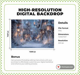 Christmas Village Digital Backdrop, Frozen Photo Background, Winter Wonderland, Holiday Kids Prop, Photoshop & Canva Template, Photo Editing