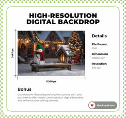Christmas Village Digital Backdrop, Wooden Bench, Snowman, Winter Wonderland Photo Background, Holiday Kids Prop, Photoshop & Canva Template
