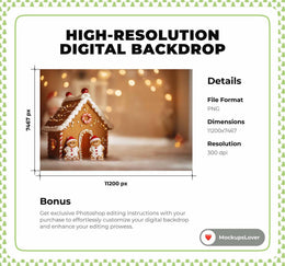 Gingerbread House Digital Backdrop, Christmas Cookies Photo Background, Holiday Kids Prop, Photoshop & Canva Template, Bokeh, Photo Editing