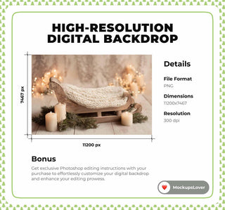 Cozy Christmas Baby Digital Backdrop, Wooden Studio Photo Background, Holiday Newborn Prop, Sleigh, Photoshop/Canva Template, Photo Editing