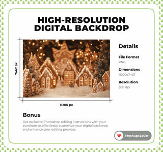 Gingerbread House Digital Backdrop, Christmas Village Photo Background, Holiday Kids Prop, Winter Wonderland, Photoshop & Canva Template
