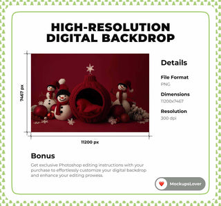 Christmas Baby Digital Backdrop, Red Studio Photo Background, Holiday Newborn Prop, Christmas Ball, Snowmen, Photoshop & Canva Template