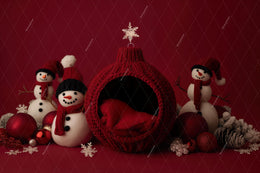 Christmas Baby Digital Backdrop, Red Studio Photo Background, Holiday Newborn Prop, Christmas Ball, Snowmen, Photoshop & Canva Template