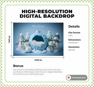 Christmas Baby Digital Backdrop, Blue Studio Photo Background, Holiday Newborn Prop, Christmas Ball, Snowmen, Photoshop & Canva Template