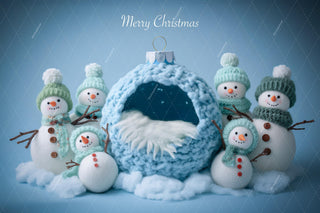 Christmas Baby Digital Backdrop, Blue Studio Photo Background, Holiday Newborn Prop, Christmas Ball, Snowmen, Photoshop & Canva Template