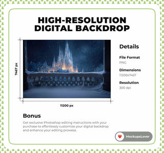 Christmas Princess Digital Backdrop, Magic Kingdom Photo Background, Winter Wonderland, Holiday Kids Prop, Photoshop & Canva Template